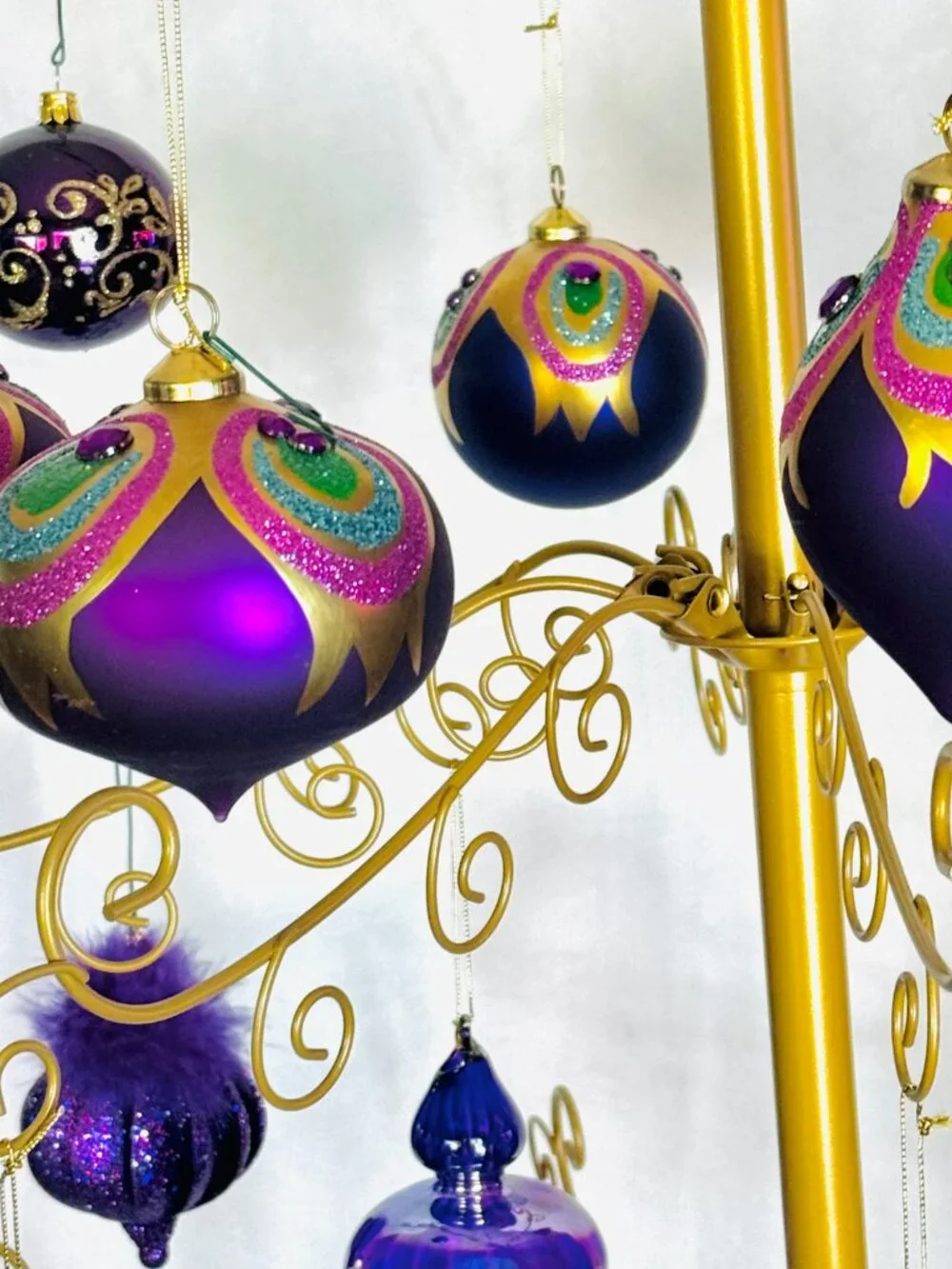 5 Peacock Feather Christmas Tree Ornaments Purple Teal Gold Glittered Gemstone